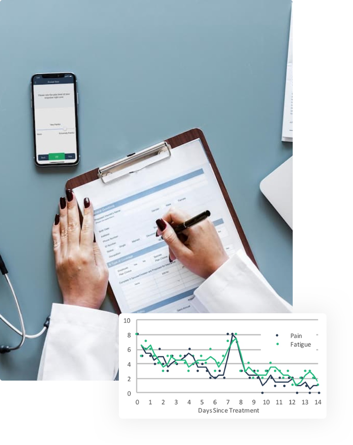 Doctor writing on a clipboard and open LifeData session