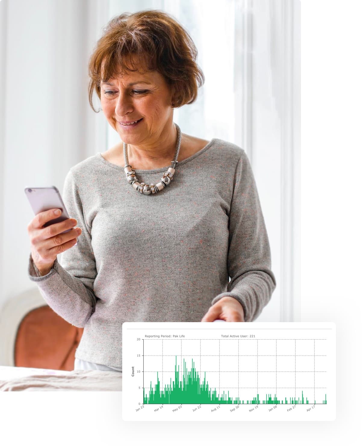 Woman responding to her LifeData ecological momentary assessment session on Apple iPhone with data visualization in the foreground